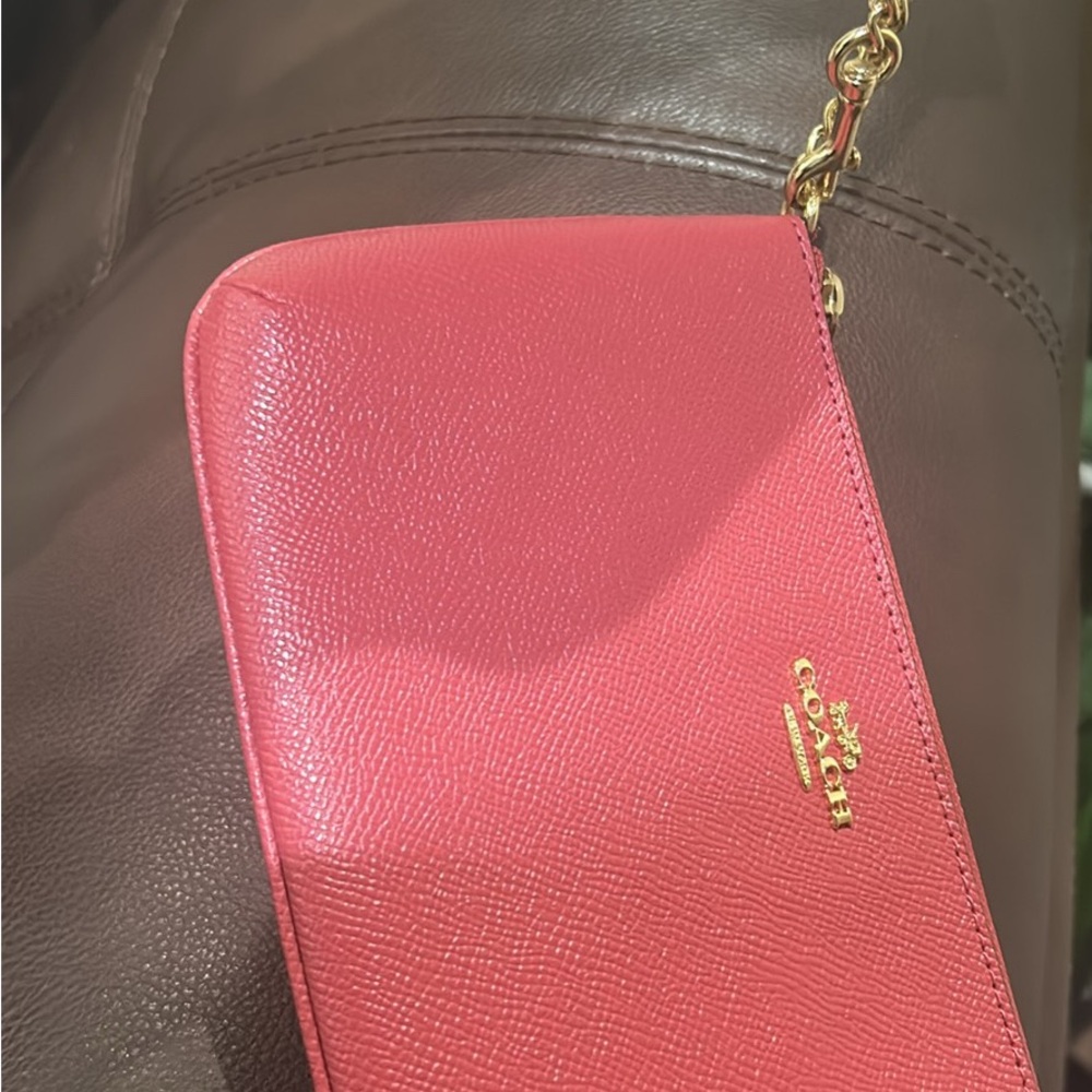 Coach Coral Leather Wristlet with Gold Accents